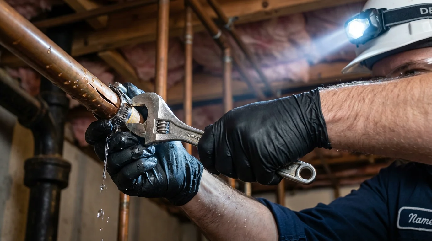 Emergency pipe clamp repair being performed by a Johns Plumbing LLC plumber in Henniker