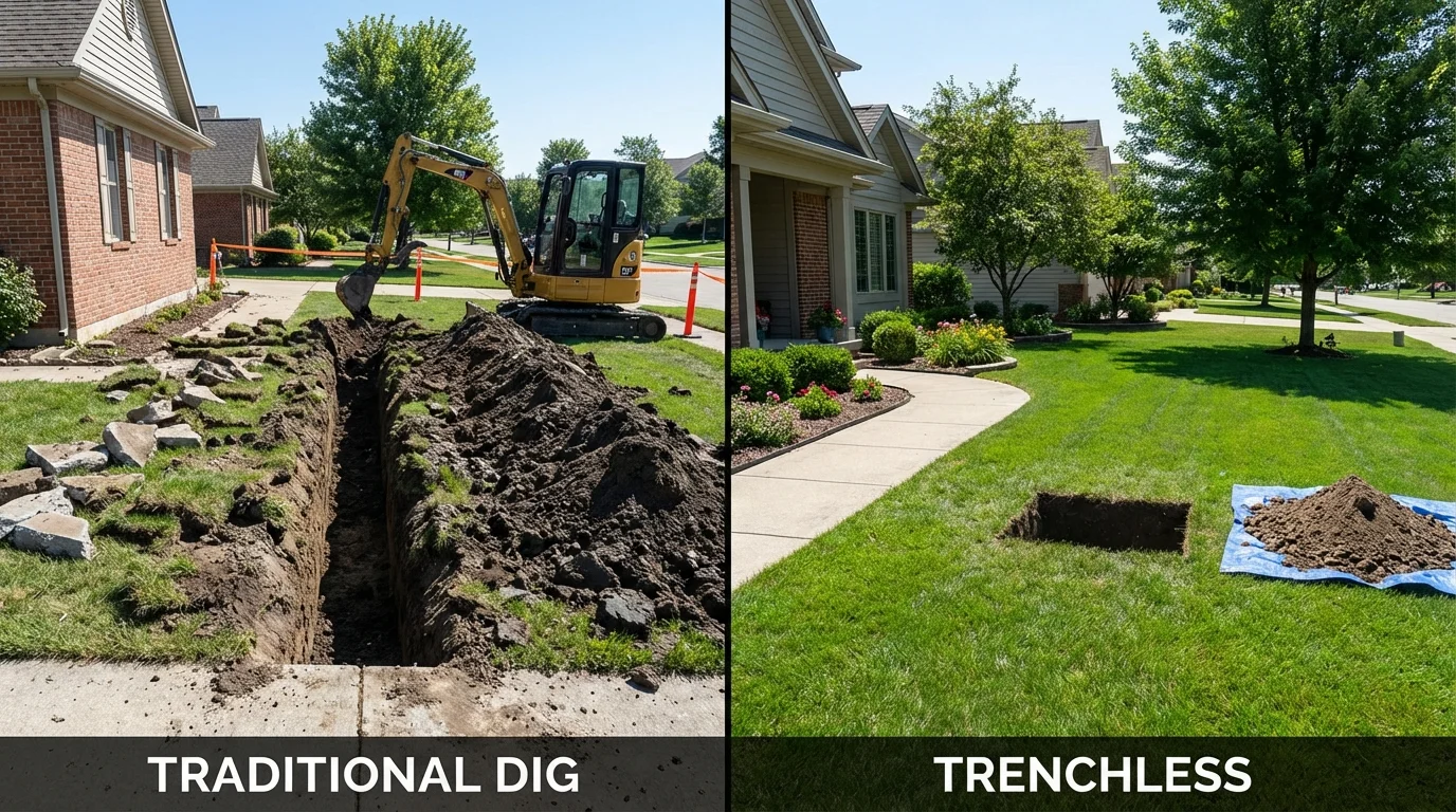 Trenchless sewer repair with minimal yard damage versus traditional excavation in Henniker, NH