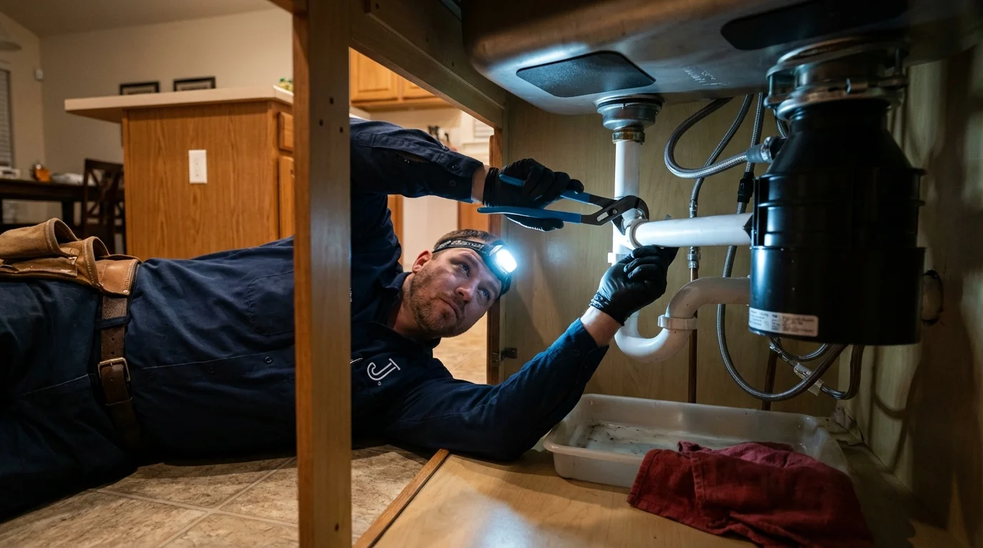 P-trap and supply line connections under a kitchen sink showing a common leak point in Henniker, NH